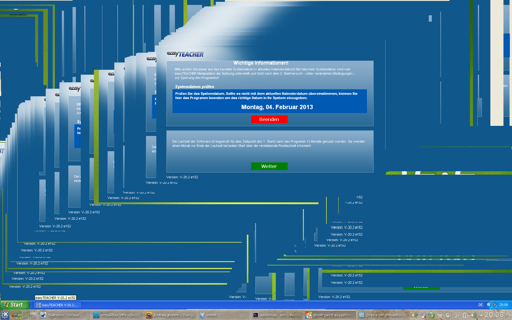 Screenshot des Programms easyTeacher, laufend in einer WindowsXP VM auf einem KDE Plasma Linux Desktop. Allerdings funktioniert das Programm nicht ordnungsgemäß, sondern hinterlässt alte Varianten des Fensterinhalts wenn das Programmfenster verschoben wird. Es sieht sehr kaputt aus.